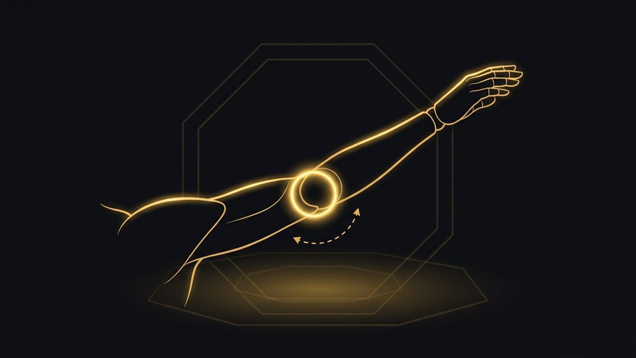 A glowing gold hyperextended arm with a highlighted elbow joint inside a faint octagon