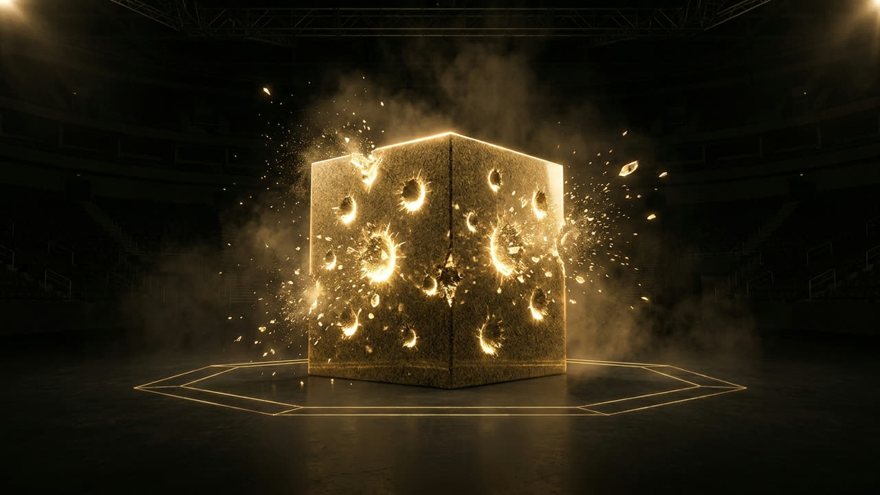 A block of gold-lit granite absorbing impacts without breaking inside a dark octagon