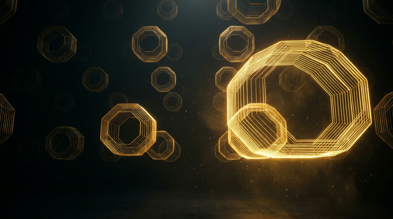 A grid of glowing gold octagon outlines receding into darkness, like a bracket of hypothetical fights