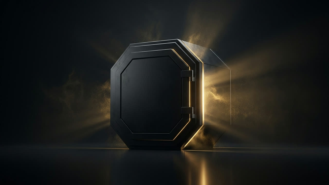A sealed black octagonal vault with brilliant gold light leaking through its seams