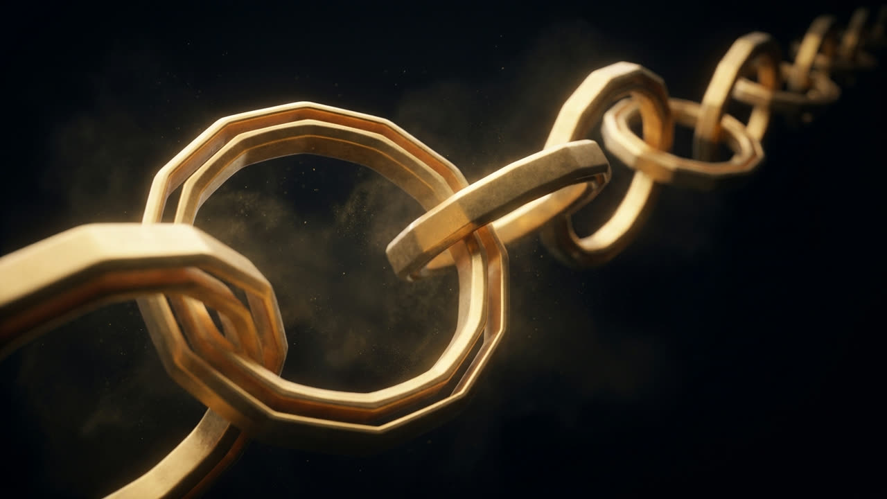 A chain of interlocked glowing gold rings stretching unbroken into darkness, the nearest shaped like an octagon