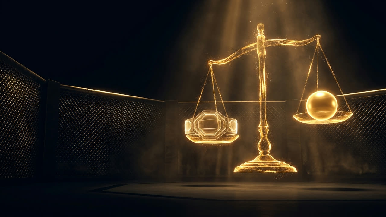 A golden balance scale weighing a championship belt against a golden sphere inside a dark octagon