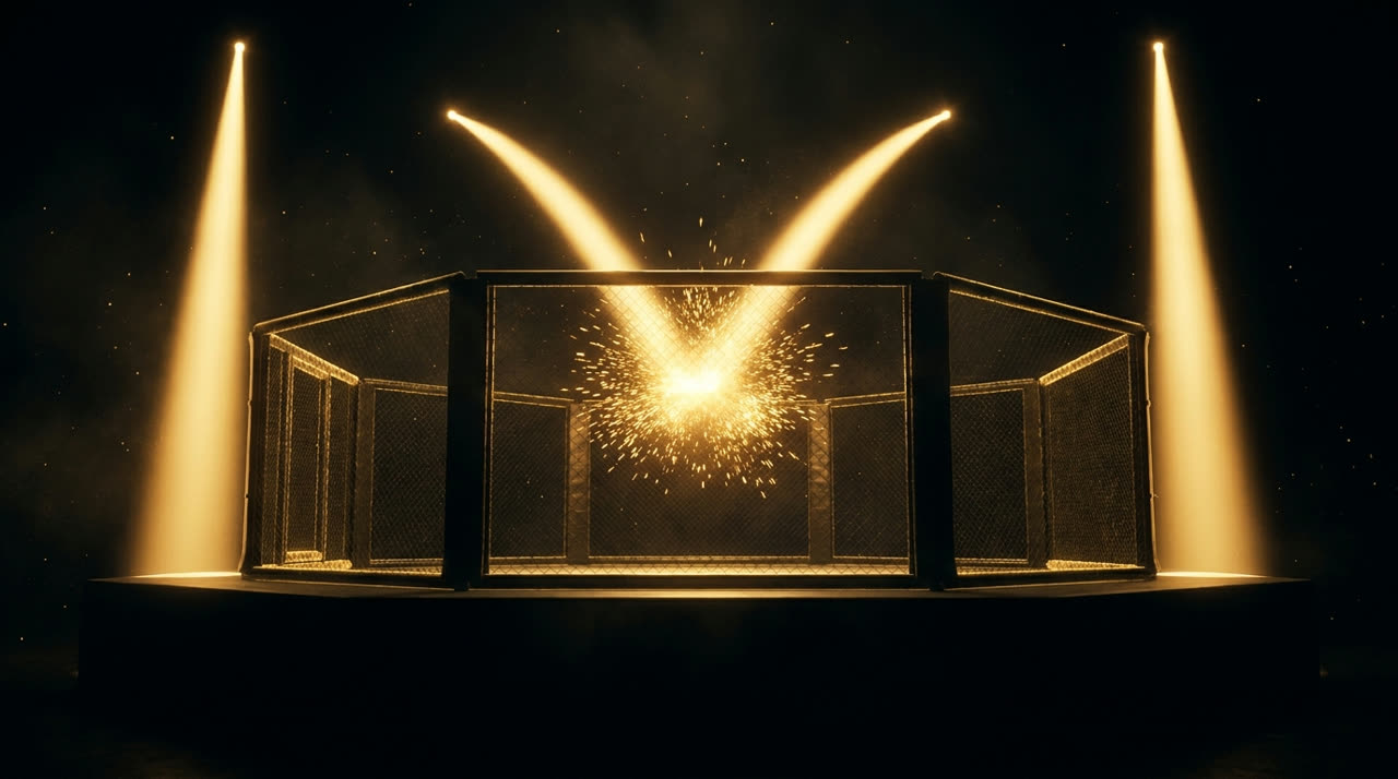 Two mirrored columns of gold light rising inside an octagon and meeting in a burst of sparks at the centre, a dead heat