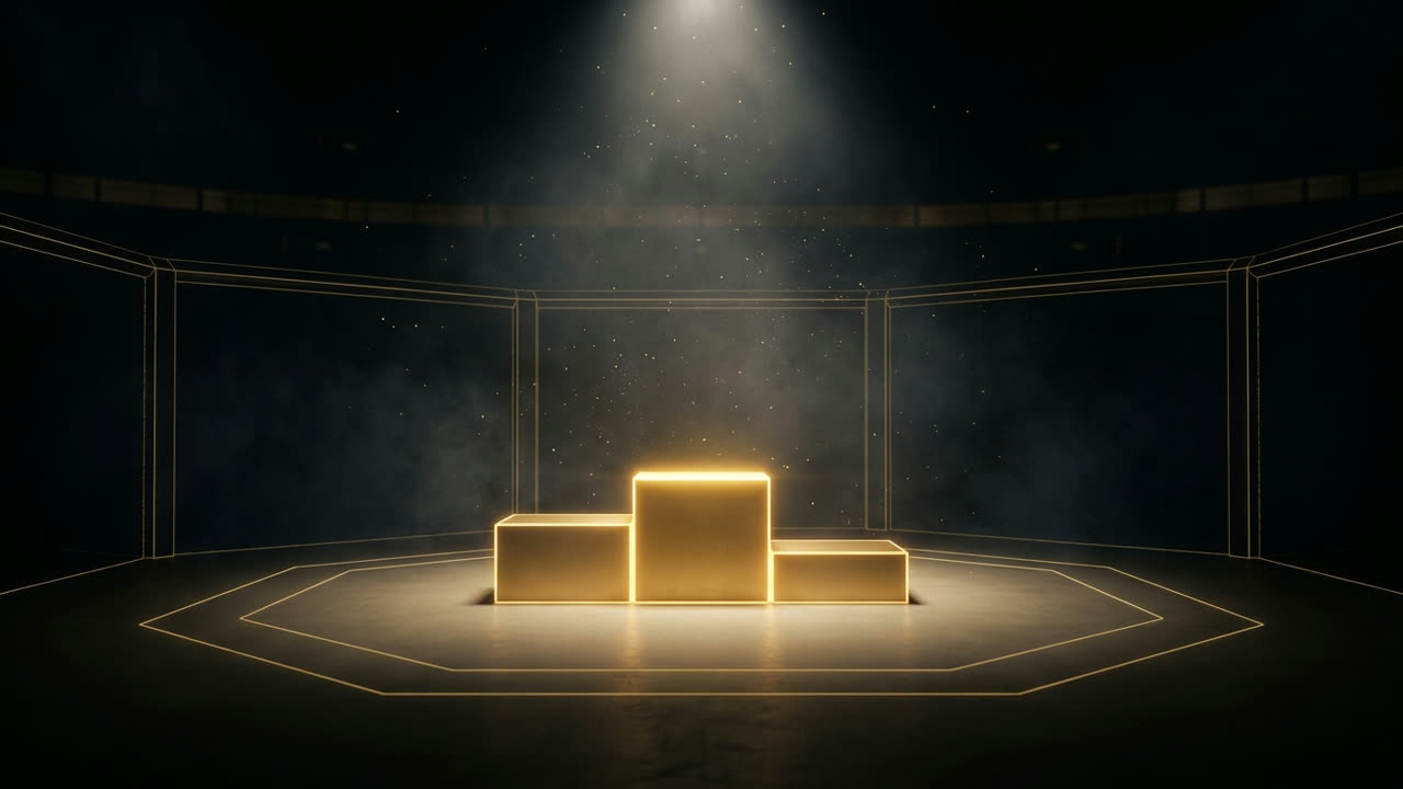 A golden winner's podium glowing inside a dark octagon, the tallest step spotlit
