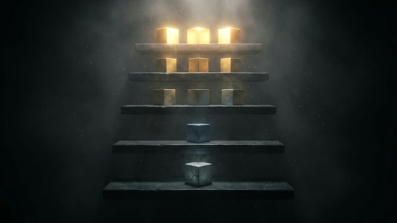 Tiered shelves of glowing gold cubes descending to a single cracked grey cube, illustrating the martial arts tier list