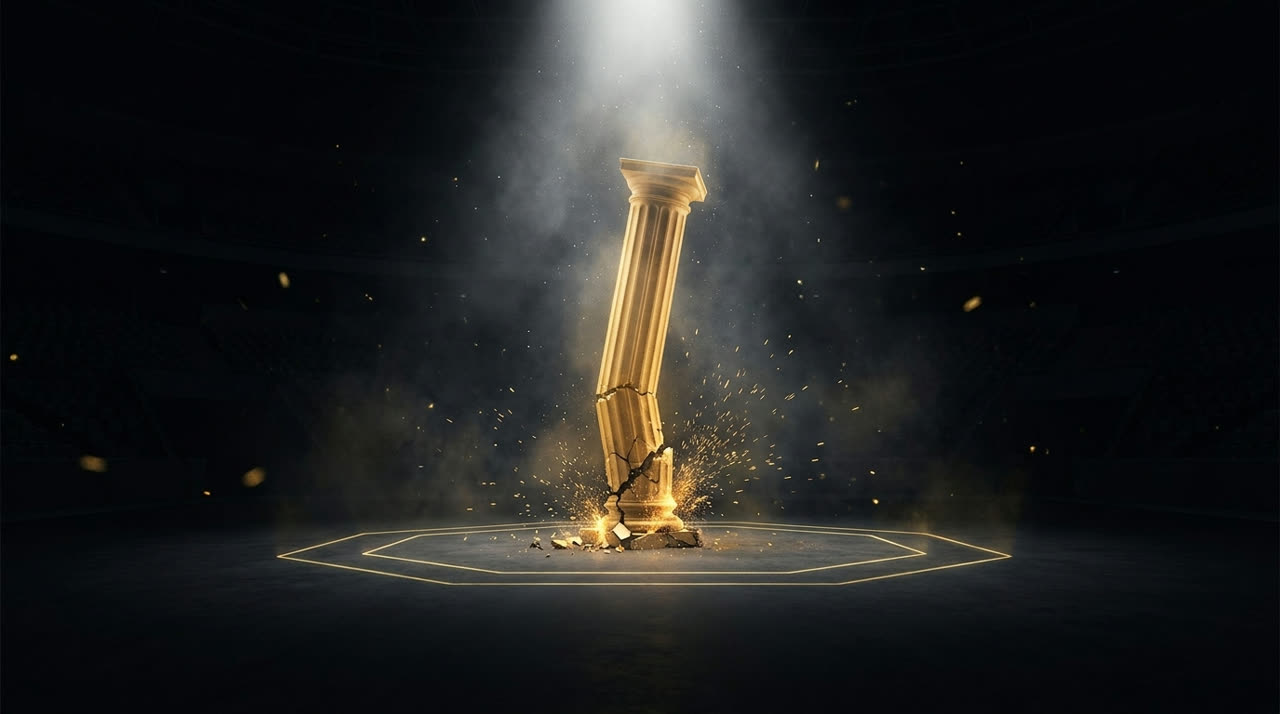 A column of gold light buckling and collapsing inside a dark octagon under a harsh spotlight