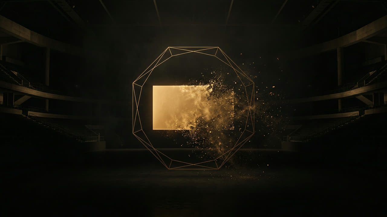 A gold panel dissolving into dust inside a dark octagon