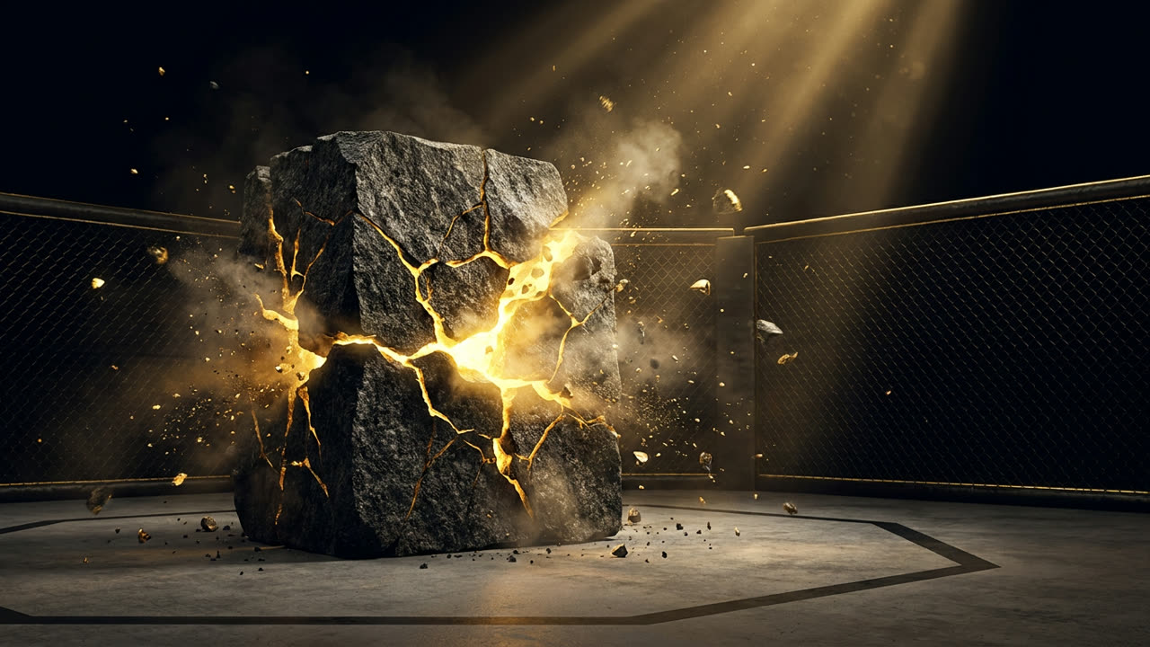 A block of dark granite shattering with molten gold light bursting through the cracks inside a dark octagon