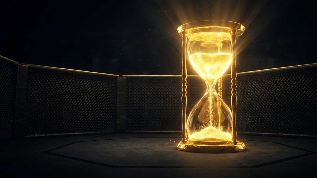 A giant golden hourglass glowing inside a dark octagon