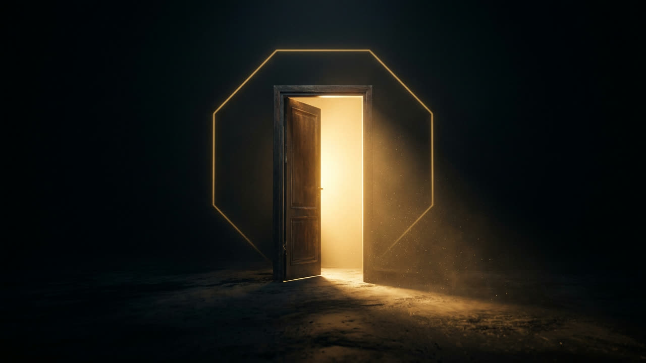An open doorway glowing with warm gold light in the dark, the way out