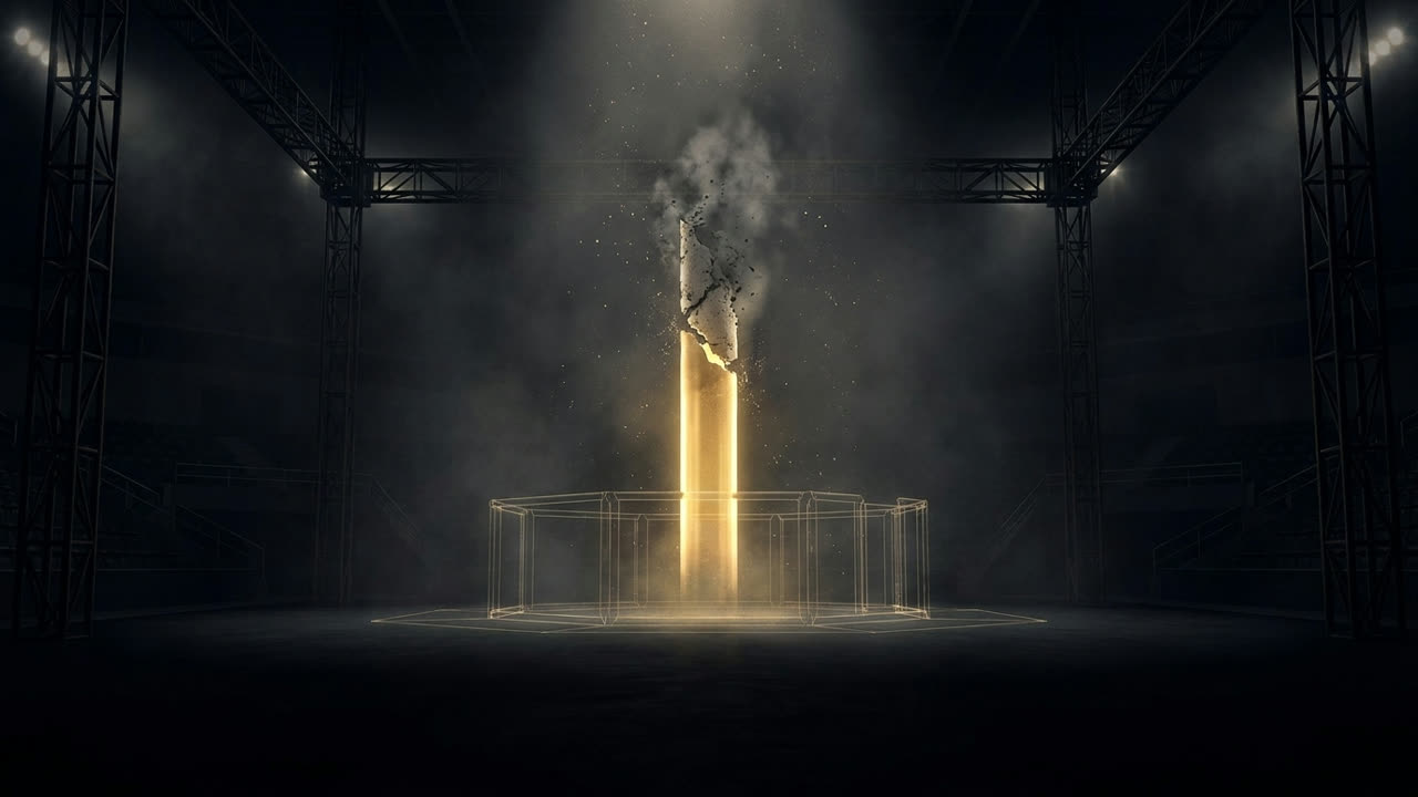 A tall column of gold light inside a dark octagon, its top fractured and fading to grey ash, embers drifting down
