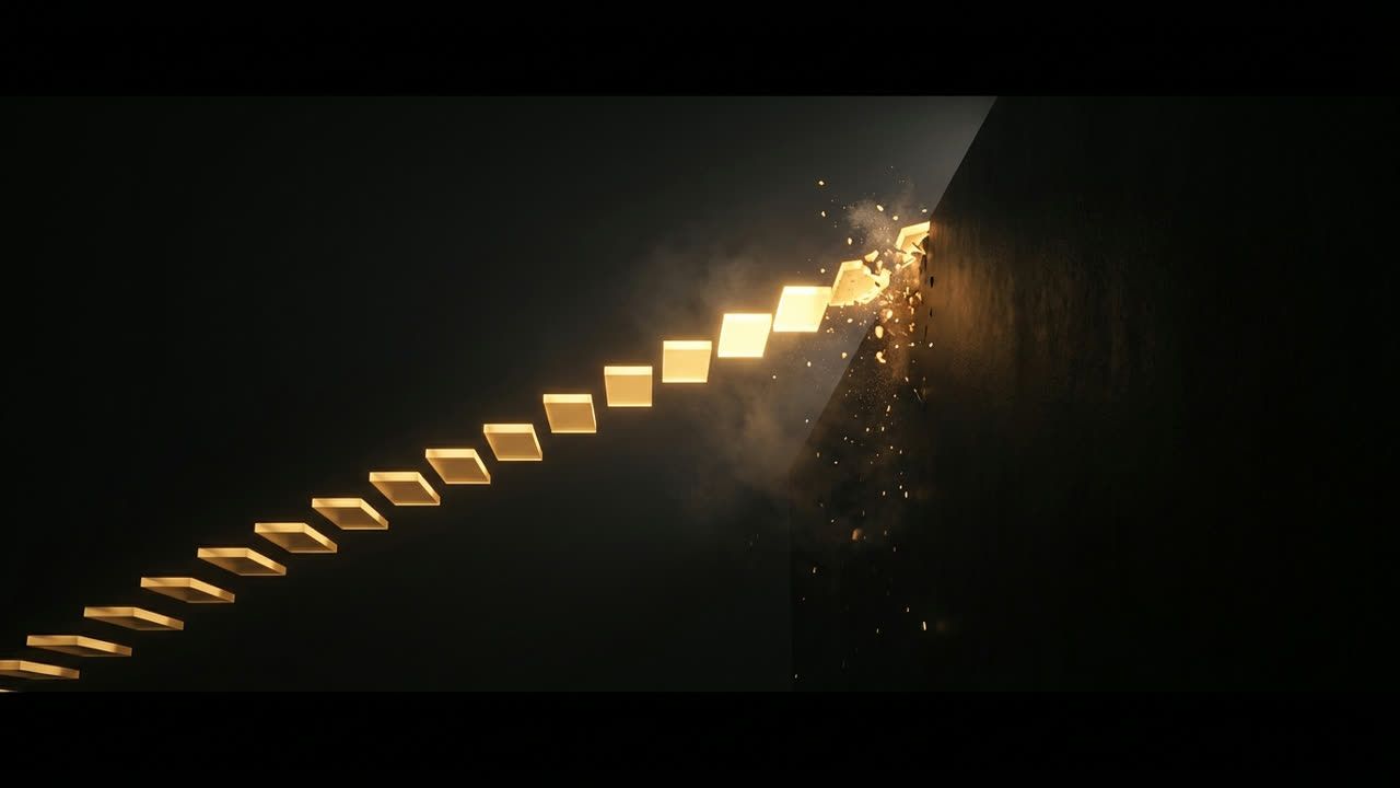An ascending bridge of golden light segments shattering against a colossal dark wall